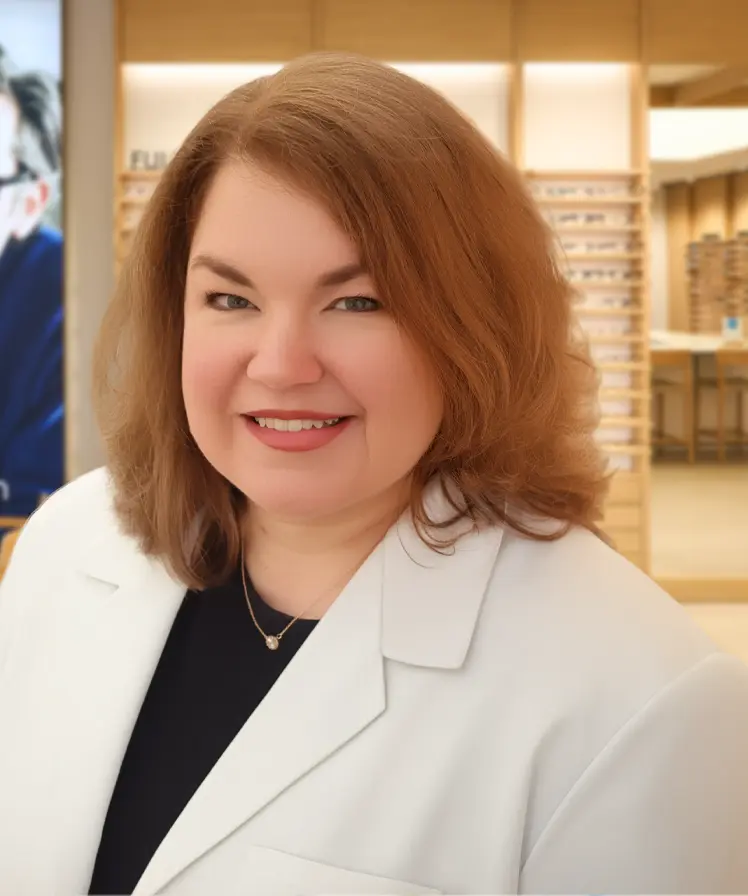 Dr. Joy Goffron-Kluge wearing a white coat and smiling, stands inside an eyewear store.