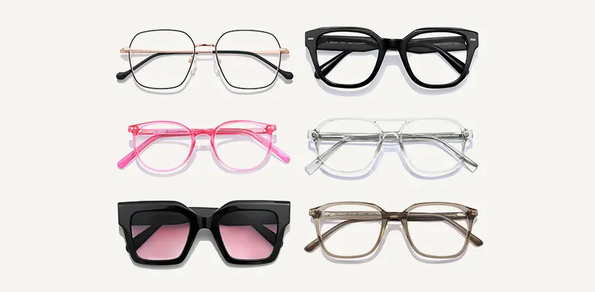 Six pairs of eyeglasses arranged in two columns: metallic, black, pink, clear, black with pink lenses, and brown frames.