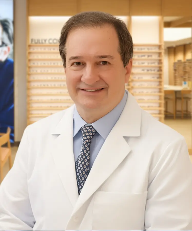 Dr. Dennis Lewinson wearing a white coat and smiling, stands inside an eyewear store.